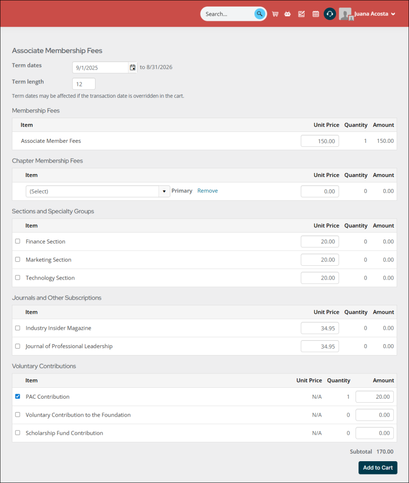 Adding membership to cart